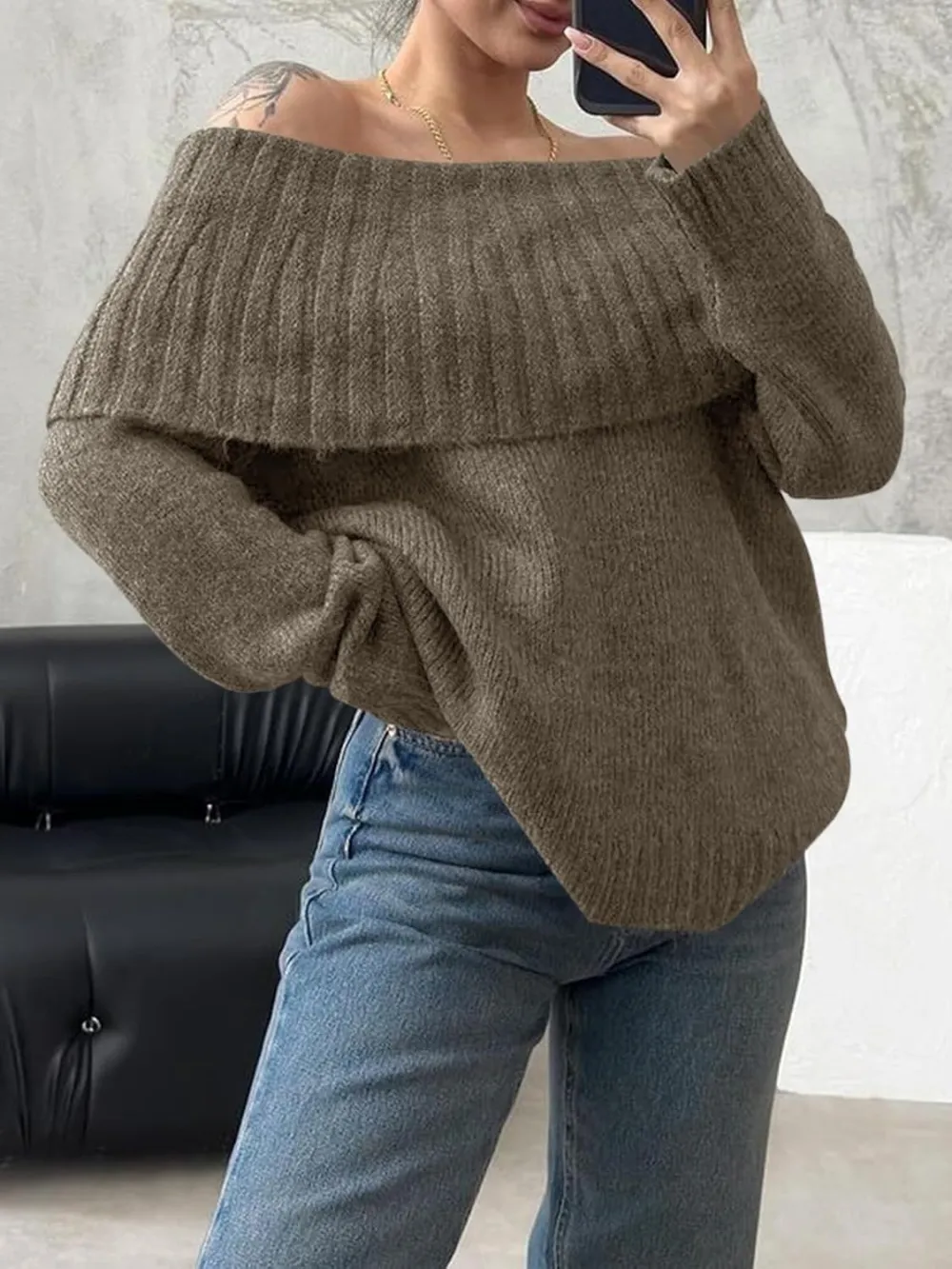 🎄Hot Sale Off The Shoulder Sweaters Long Sleeve Slouchy Knitted Casual Loose Fall Trendy Pullover Tops