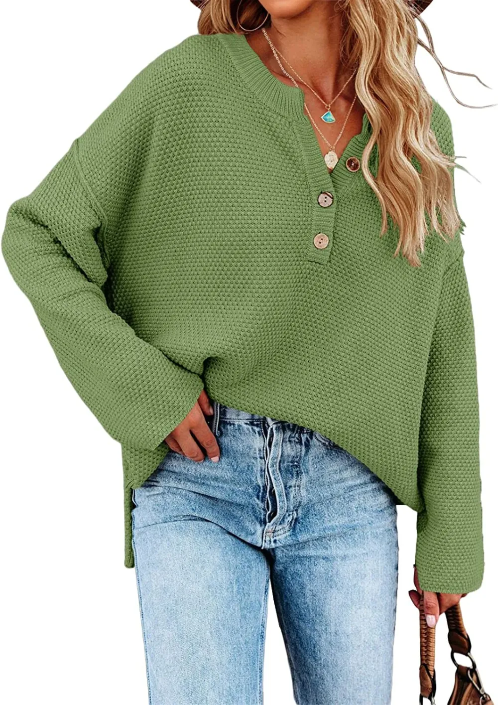 Women's Oversized Sweaters Batwing Long Sleeve Loose V Neck Button Henley Tops Pullover Knit Jumper