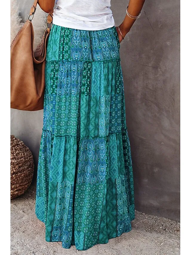 Women's Skirt Swing Long Skirt Maxi Red Blue Purple Orange Skirts Spring & Fall Ruffle Print Fashion coastal grandma style Boho Holiday Casual Daily S M L