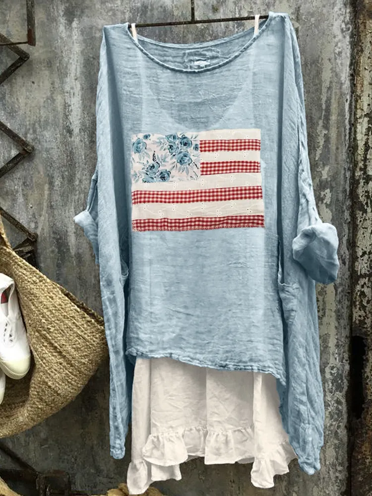 American Flag Cottage Floral Check Fiber Art Linen Tunic