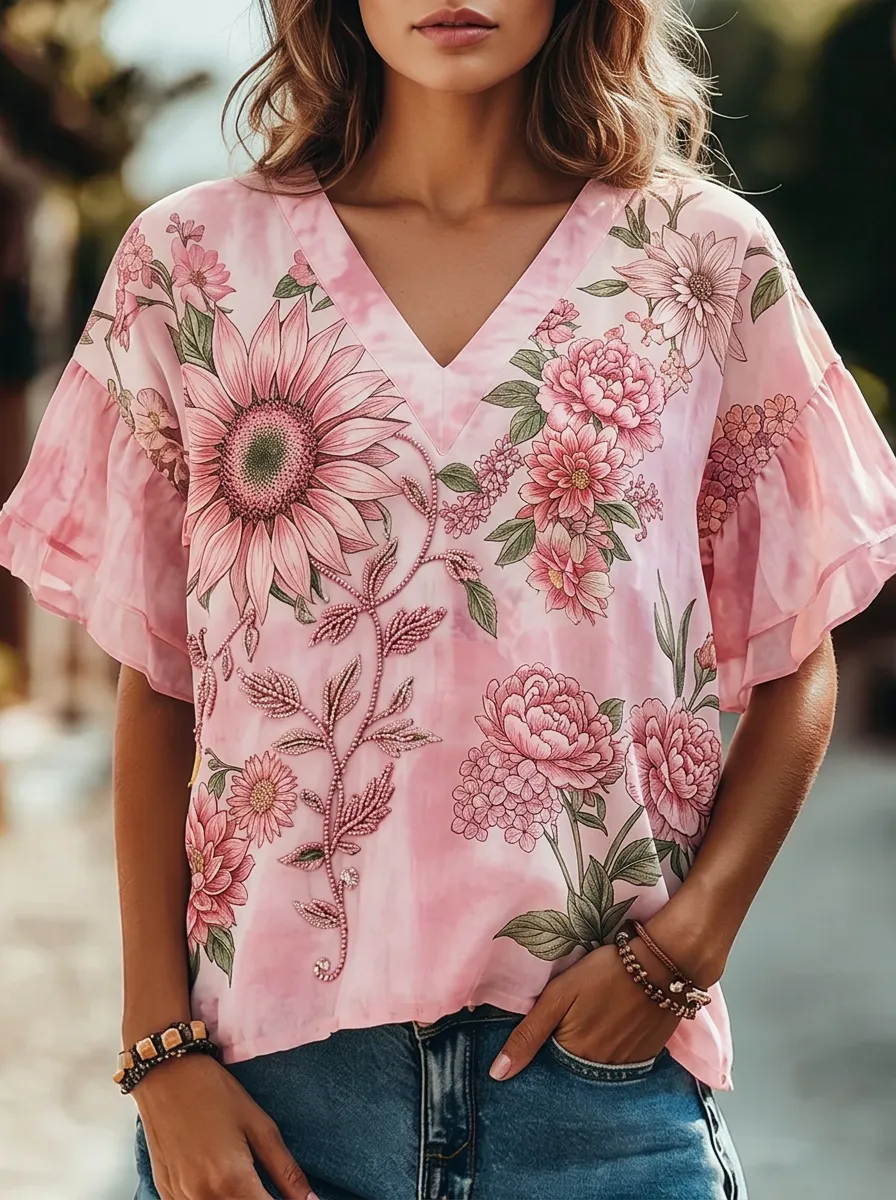 Women's Nashville Floral Sunflower Tie-Dye Printed V-Neck Top