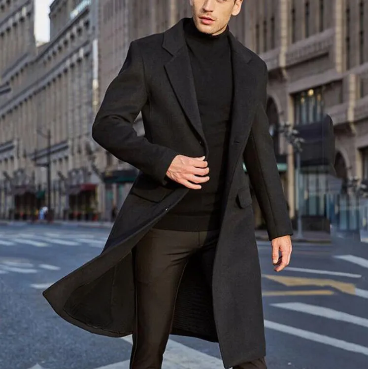 Men's Solid Color Woolen Long Coat
