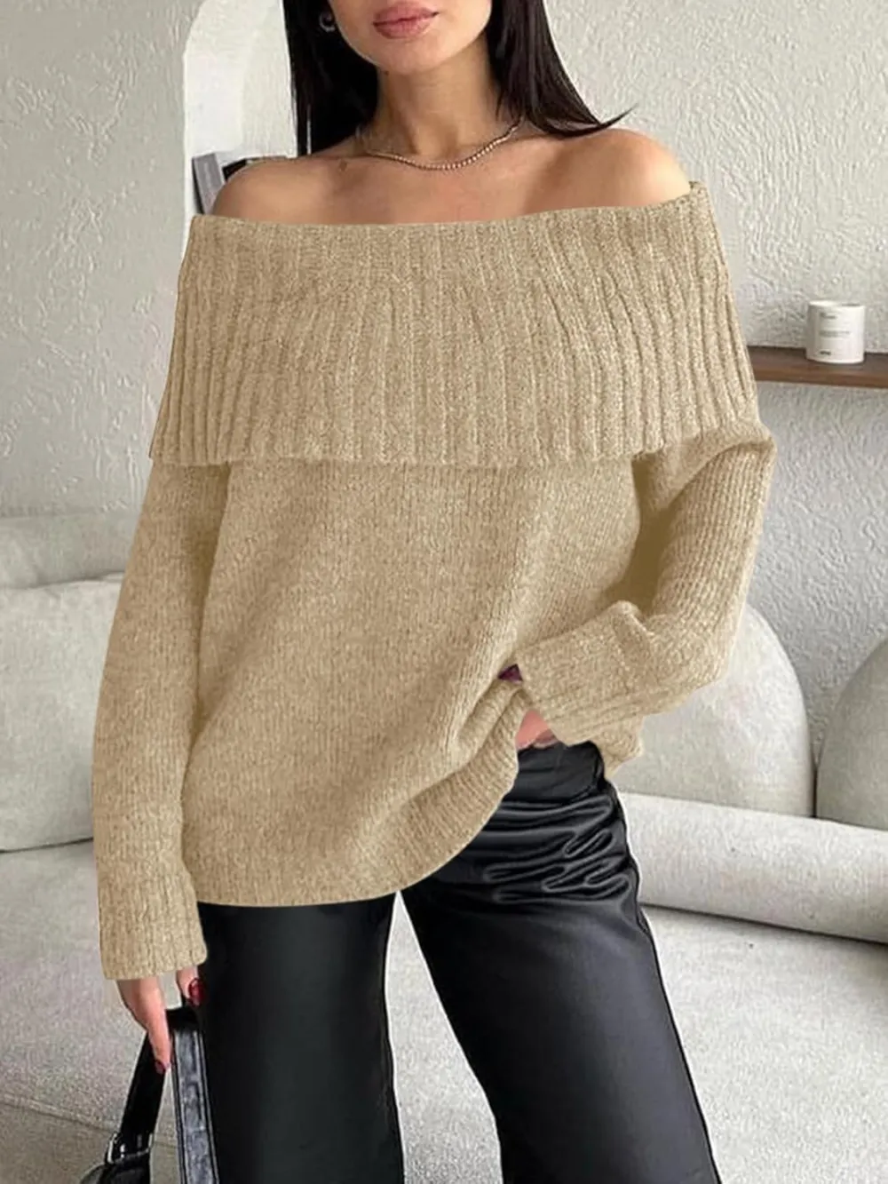 🎄Hot Sale Off The Shoulder Sweaters Long Sleeve Slouchy Knitted Casual Loose Fall Trendy Pullover Tops