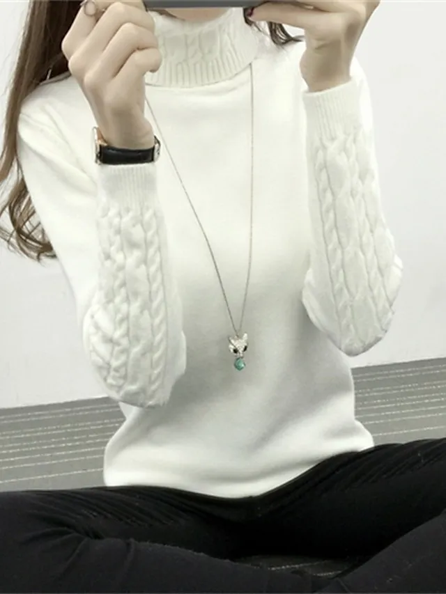 Women's Pullover Sweater Jumper Pullover Jumper Turtleneck Knit Polyester Knitted Thin Fall Winter Home Daily Going out Stylish Basic Sexy Long Sleeve Solid Color Black White Pink S M L