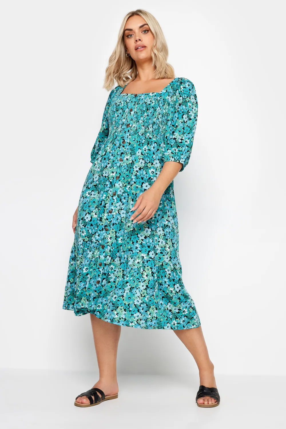 YOURS Curve Blue Floral Print Tiered Midi Dress