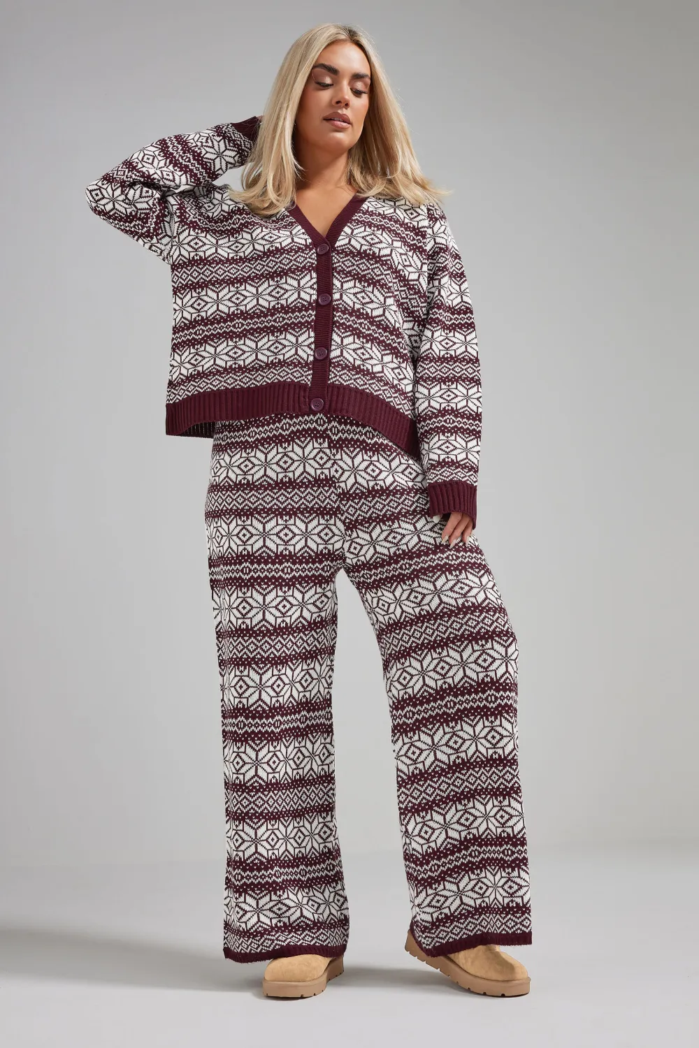 LIMITED COLLECTION Curve Burgundy Red Fairisle Knitted Cardigan