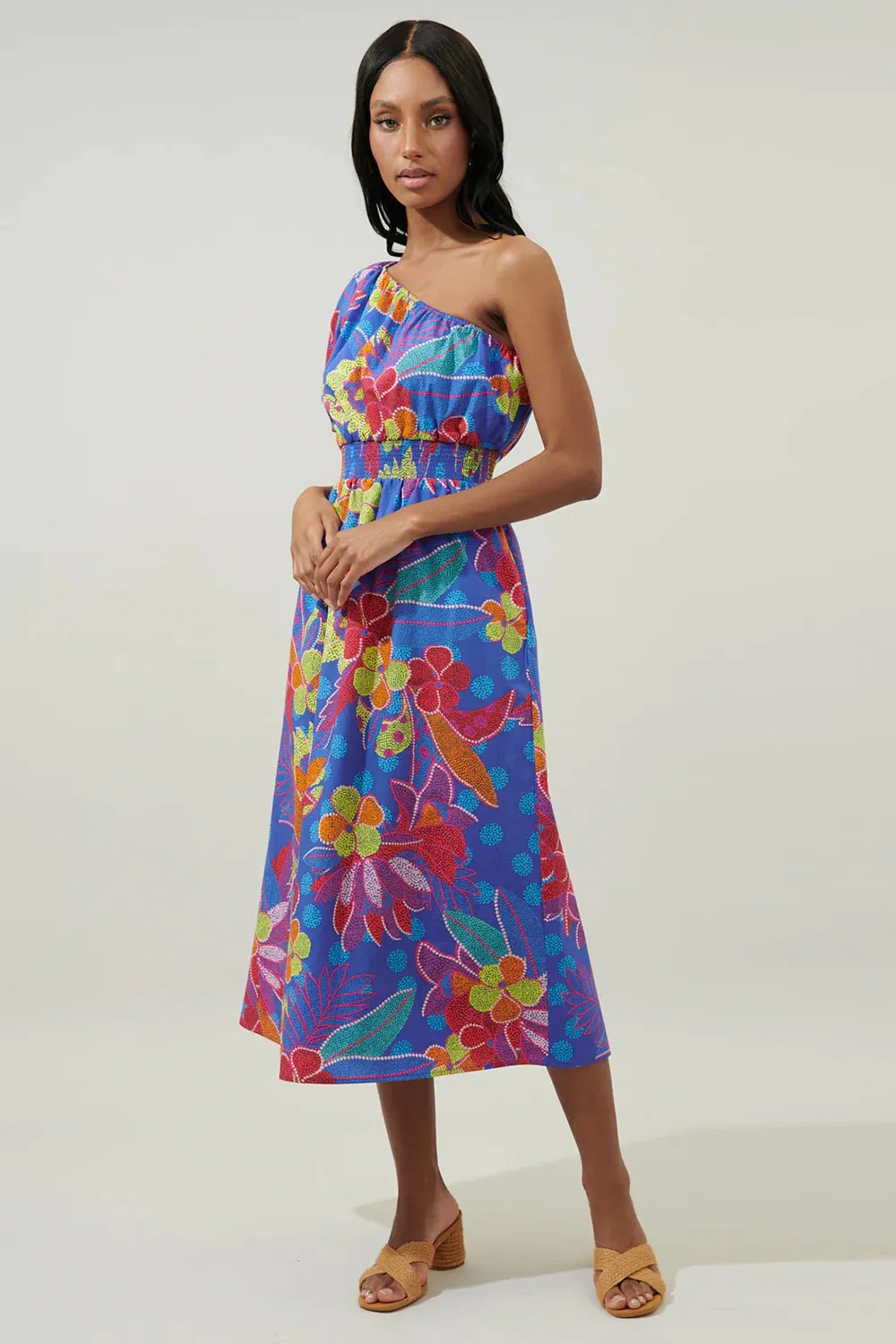 Blue Bridgette One Shoulder Midi Dress