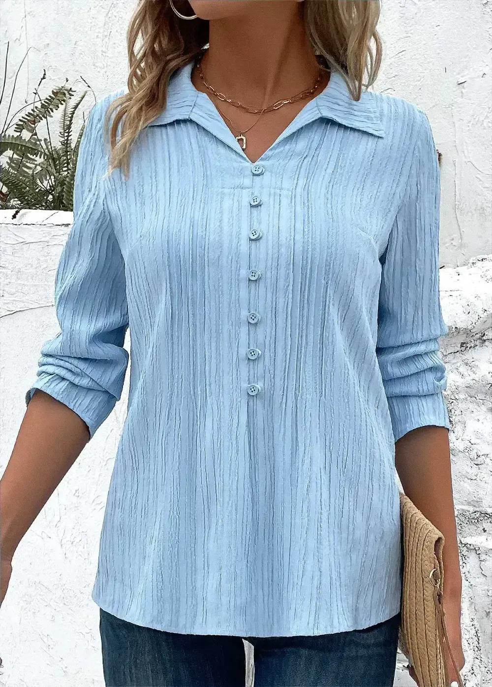 Light Blue Button 3/4 Sleeve Shirt Collar Blouse