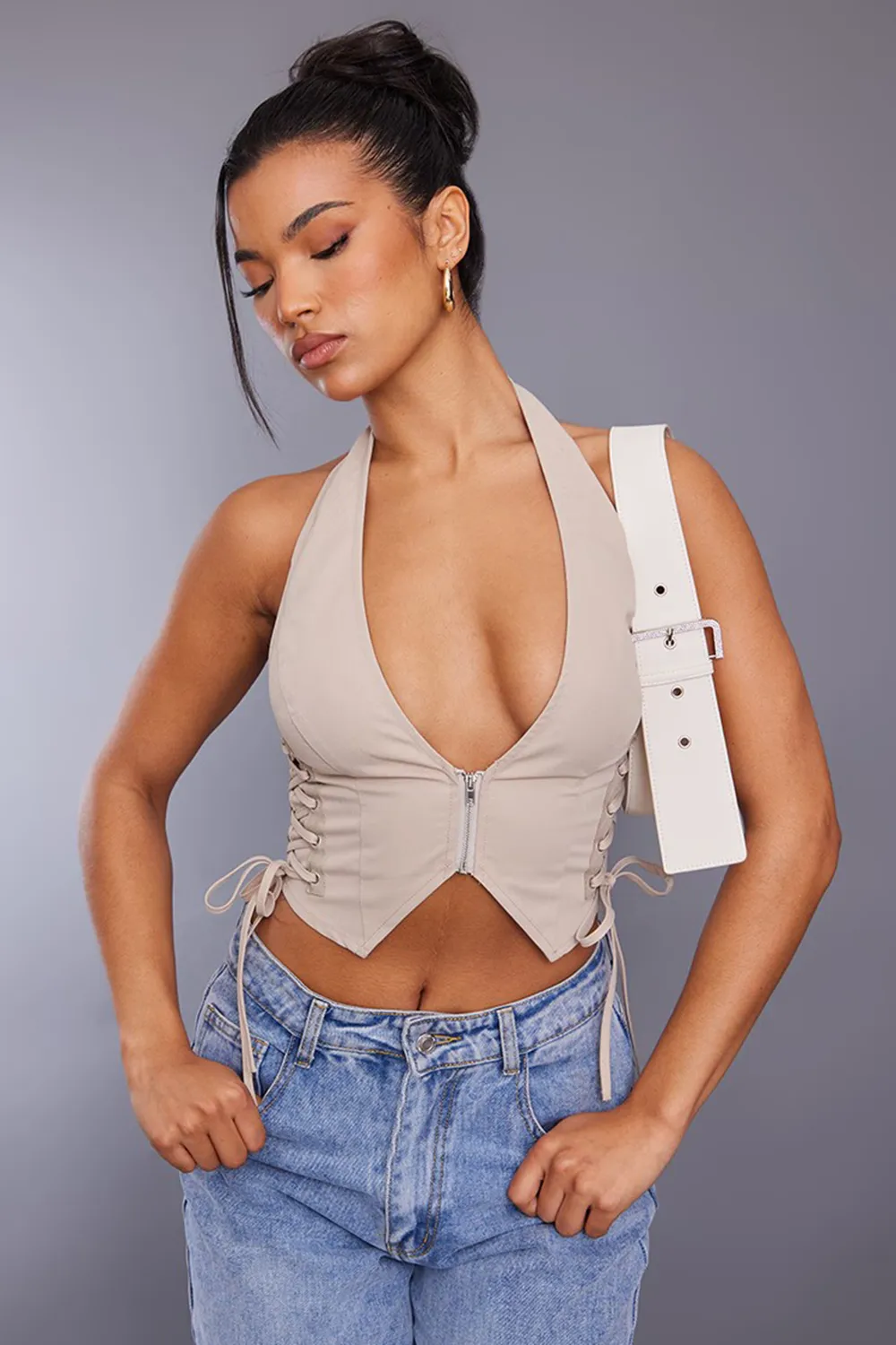 Stone Cargo Lace Up Side Zip Up Crop Top