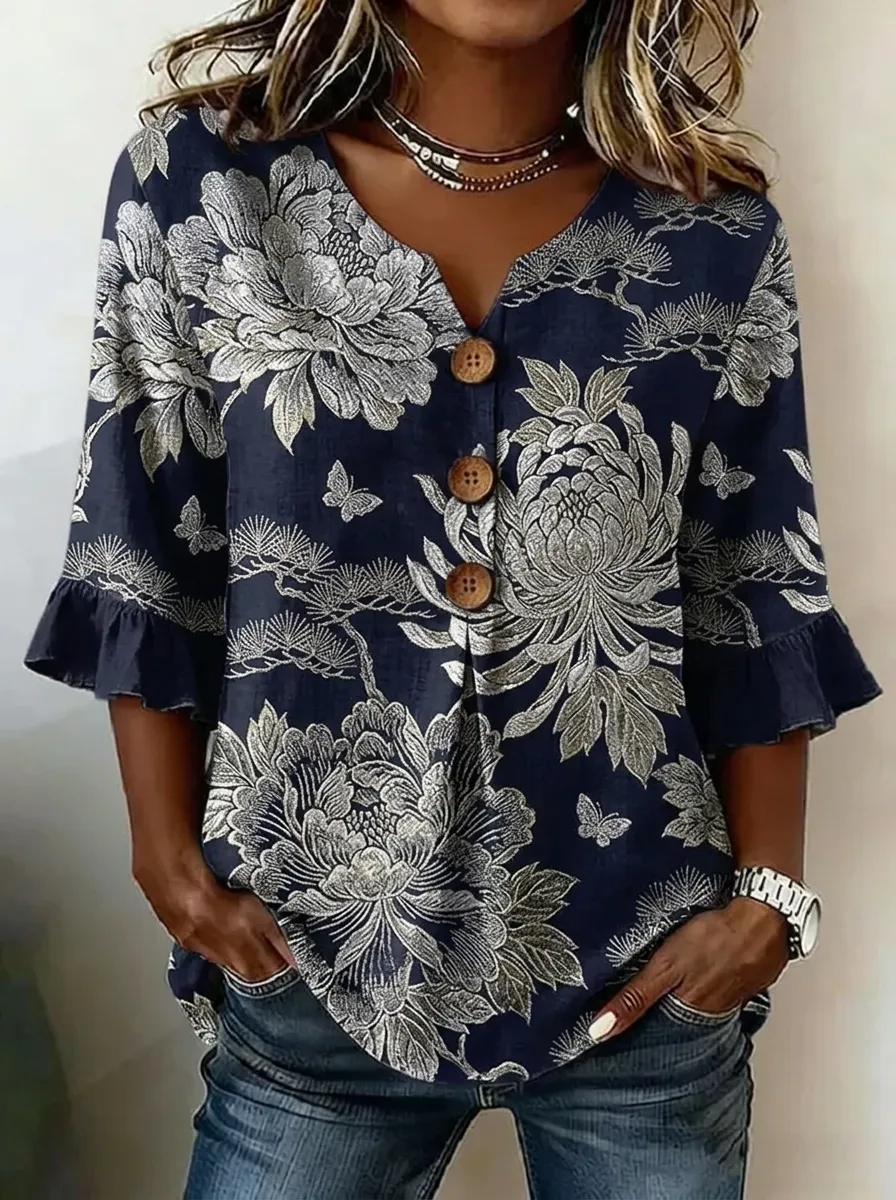 Women's Nashville Floral Butterfly Printed V-Neck Button Top
