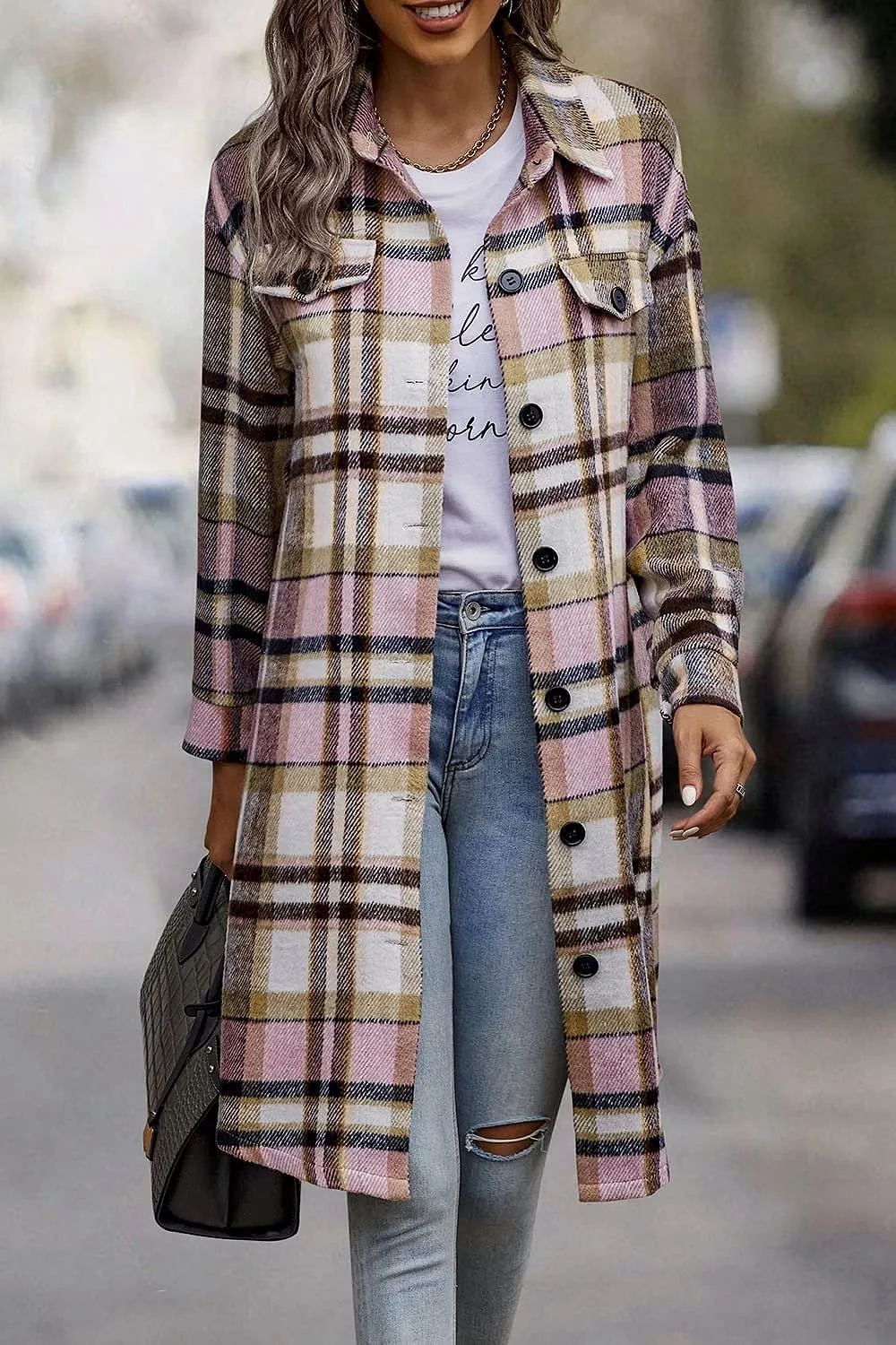 Women's Plaid Shacket 2023 Long Sleeve Button Up Flannel Shirt Winter Tartan Jacket Woolen Coats