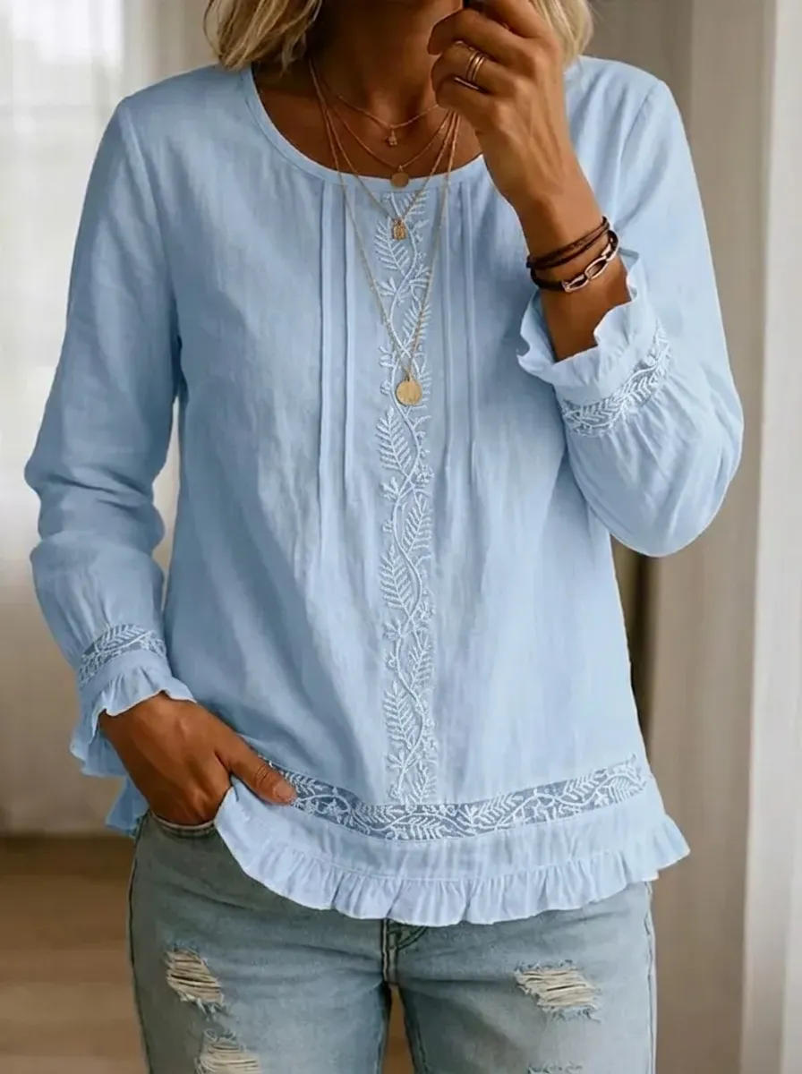 Women's Nashville Floral Embroidery Ruffled Long Sleeve Top