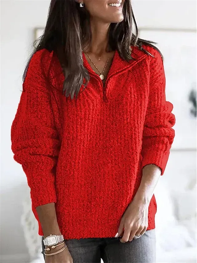 Women‘s Christmas Zip Sweater Shirt Collar Ribbed Knit Polyester Zipper Knitted Fall Winter Regular Outdoor Xmas Holiday Going out Stylish Casual Soft Long Sleeve Pure Color Red Blue S M L