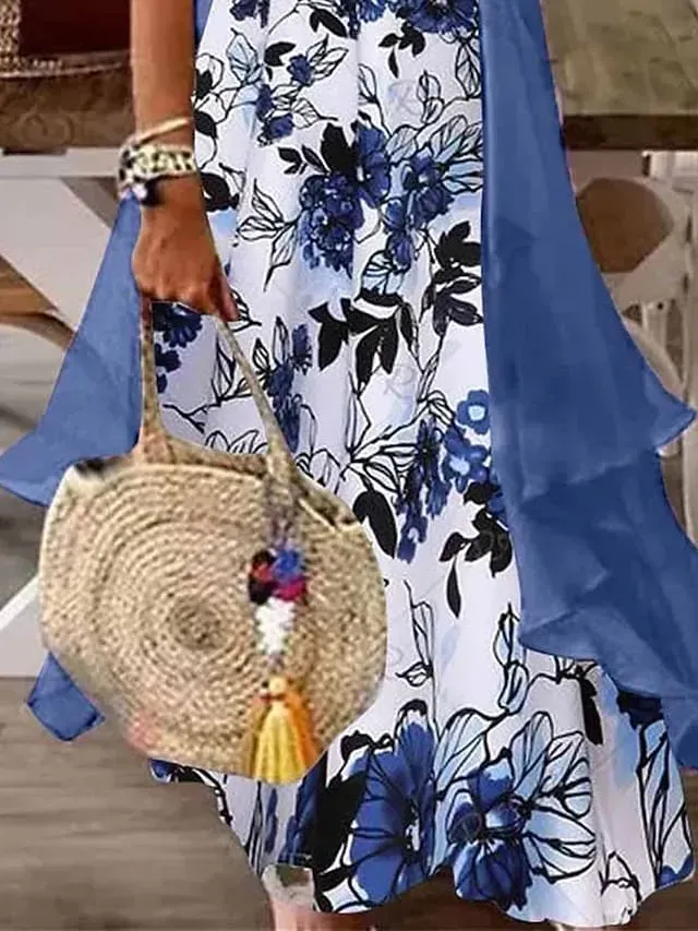 Women's Two Piece Dress Set Casual Dress Dress Set Outdoor Daily Fashion Casual Print Maxi Dress V Neck Half Sleeve Leaf Floral Regular Fit Blue Summer Spring S M L XL XXL