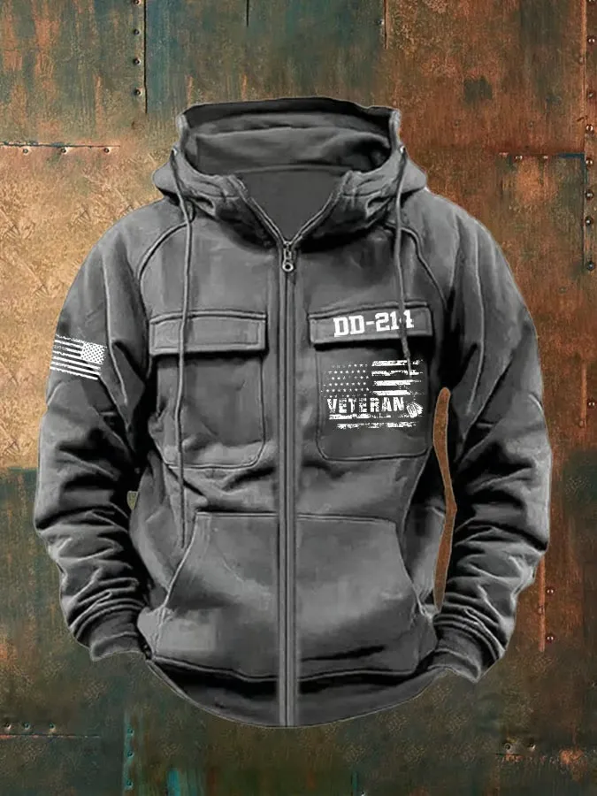 Men's Vintage Veteran Print Multi-Pocket Jacket