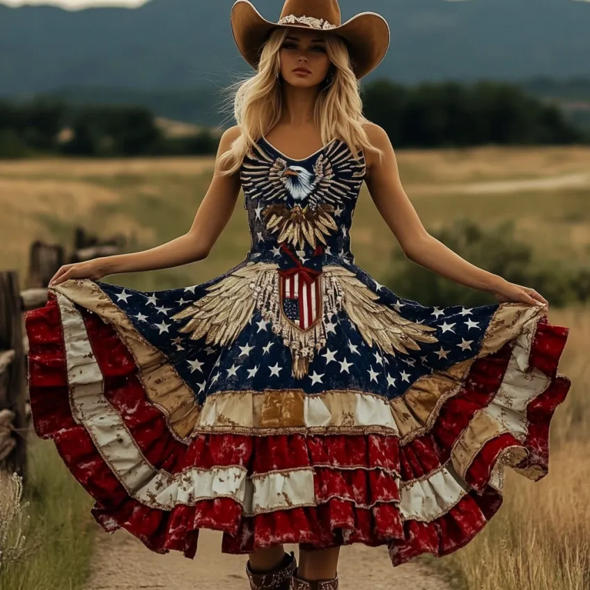 Women's Independence Day Patchwork Eagle Art Linen Maxi Dress