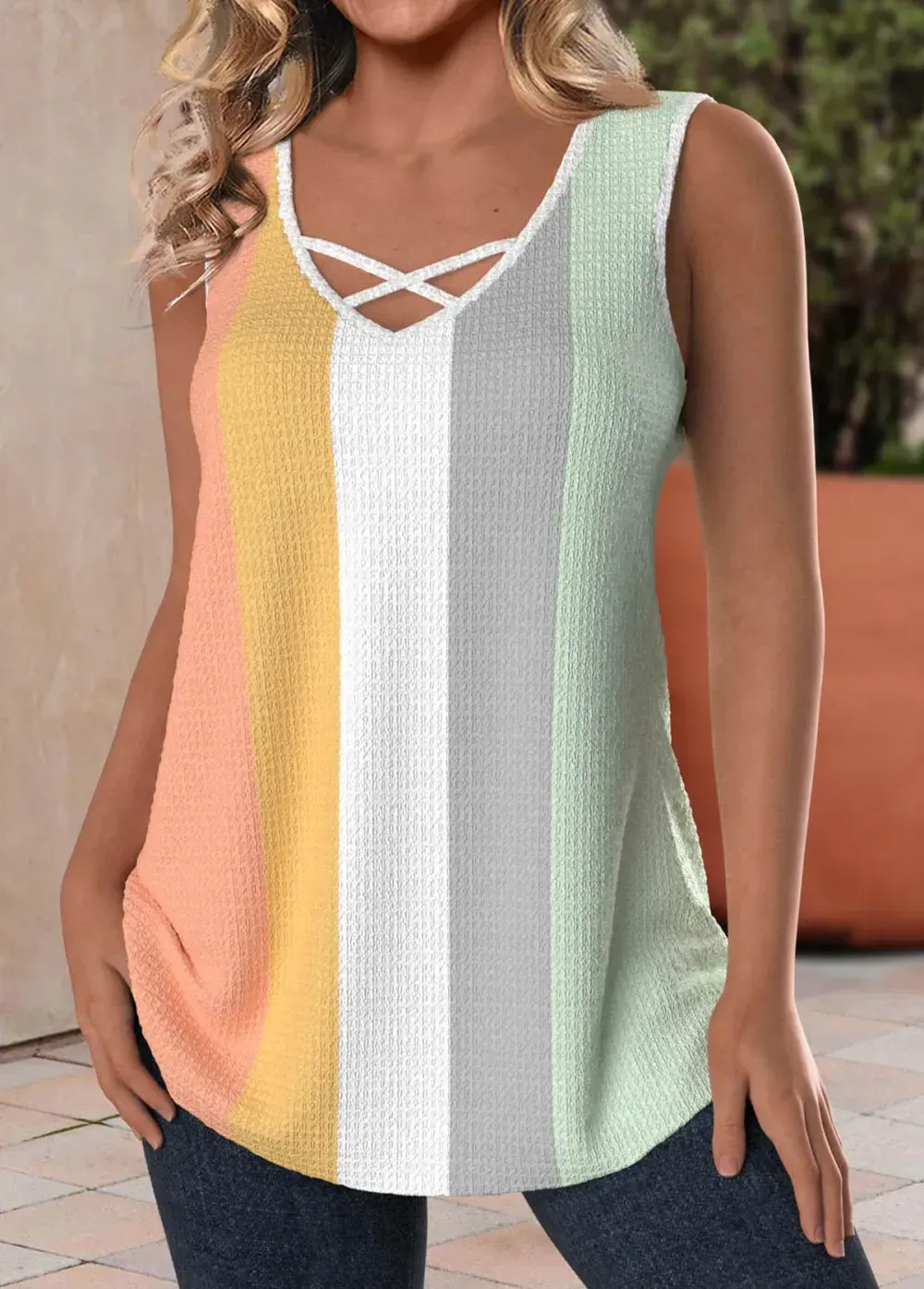 Multi Color Criss Cross V Neck Tank Top