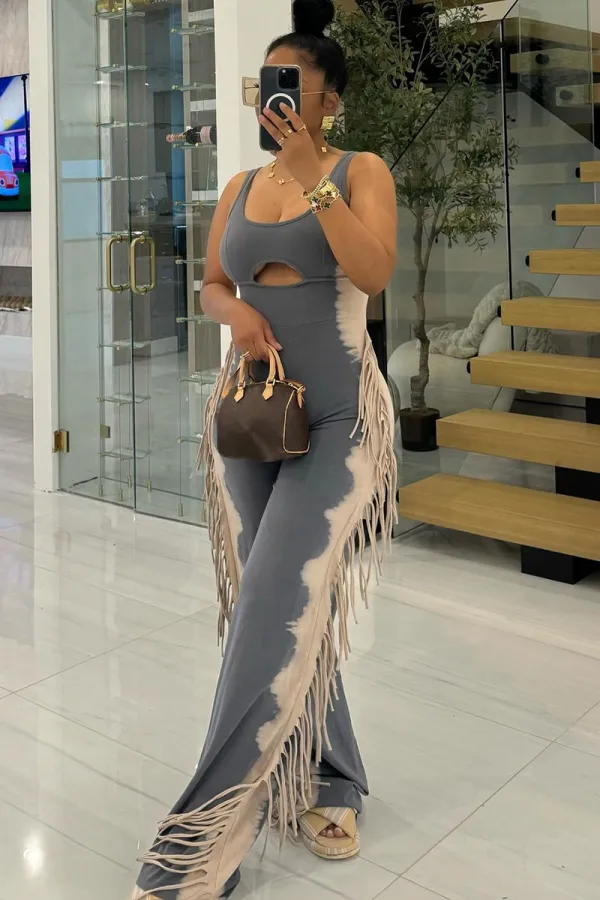 U Neck Cutout Wide Leg Side Fringed Sleeveless Jumpsuit-Grey