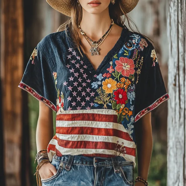 Women's Independence Day Pink Star Flower Embroidered Short Sleeve Linen Blend T-shirt