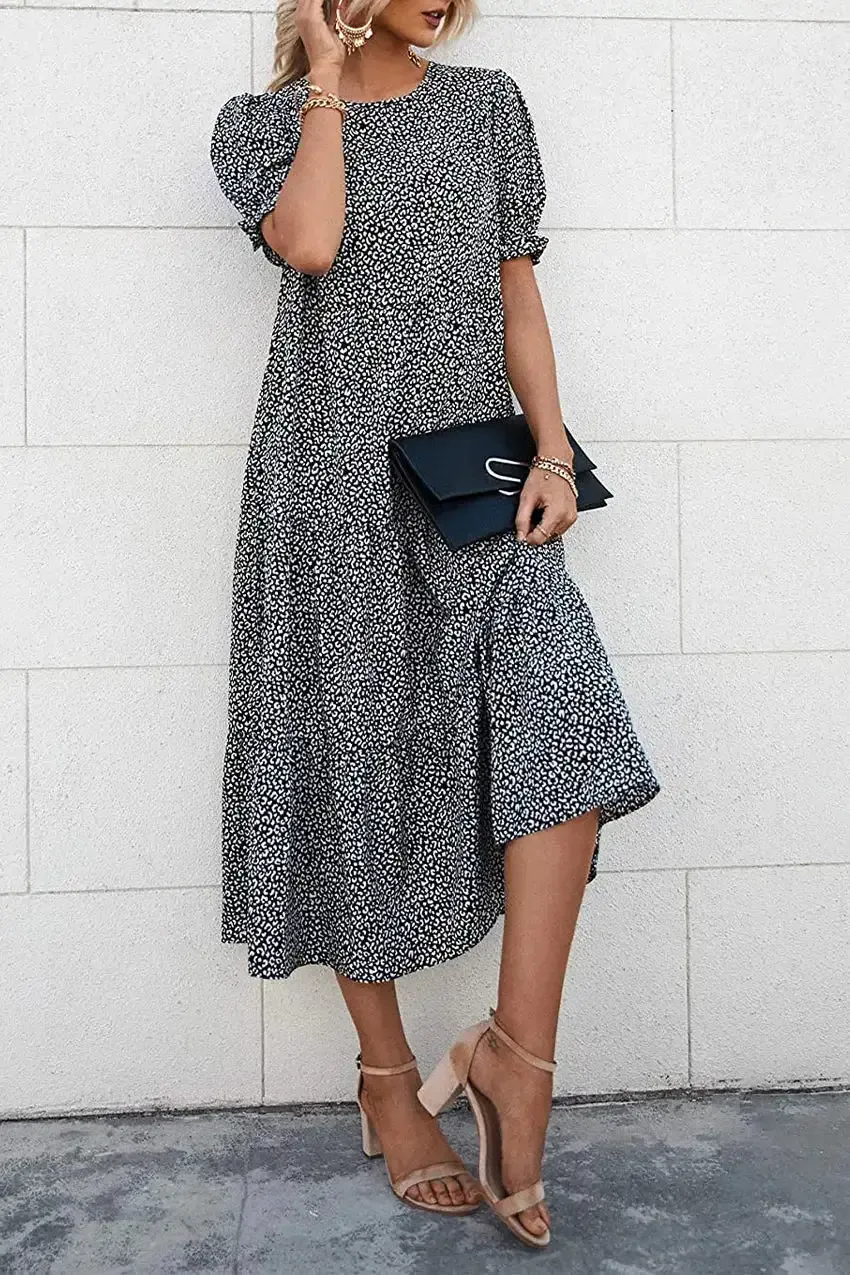 Floral Print Ruffle Puff Sleeve High Waist Midi Dresses