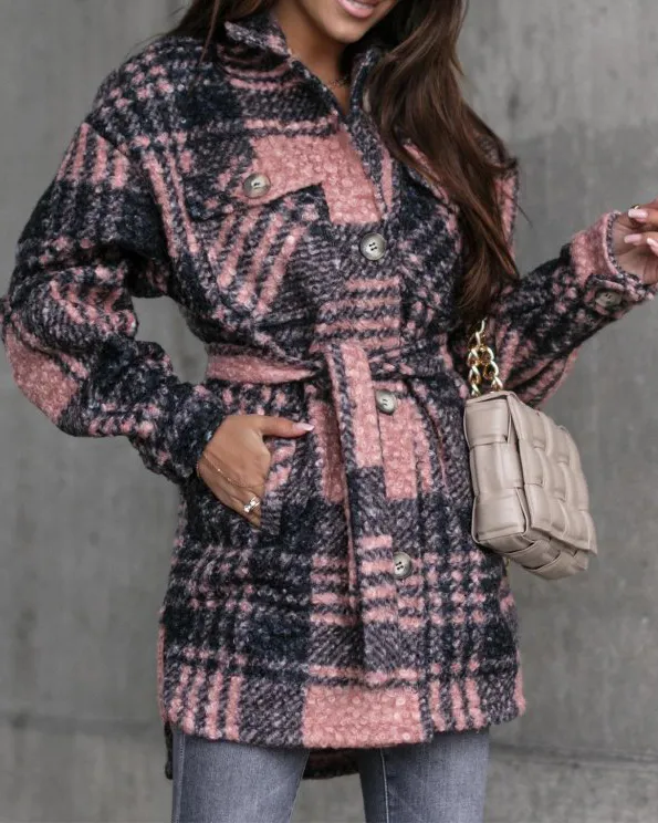 Large Plaid Four-pocket Woolen Coat
