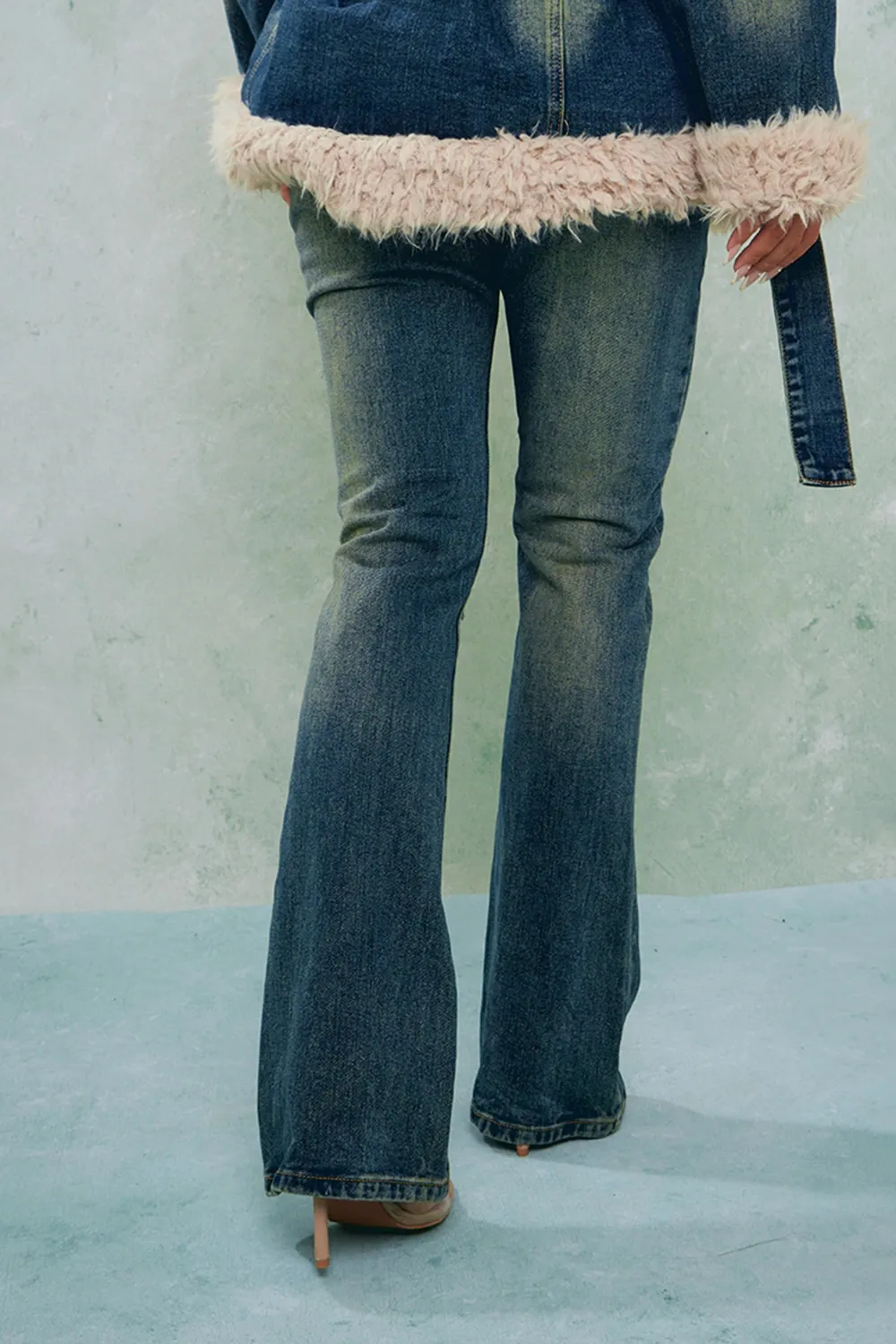 Indigo Vintage Wash Belted Seam Front Flare Jeans