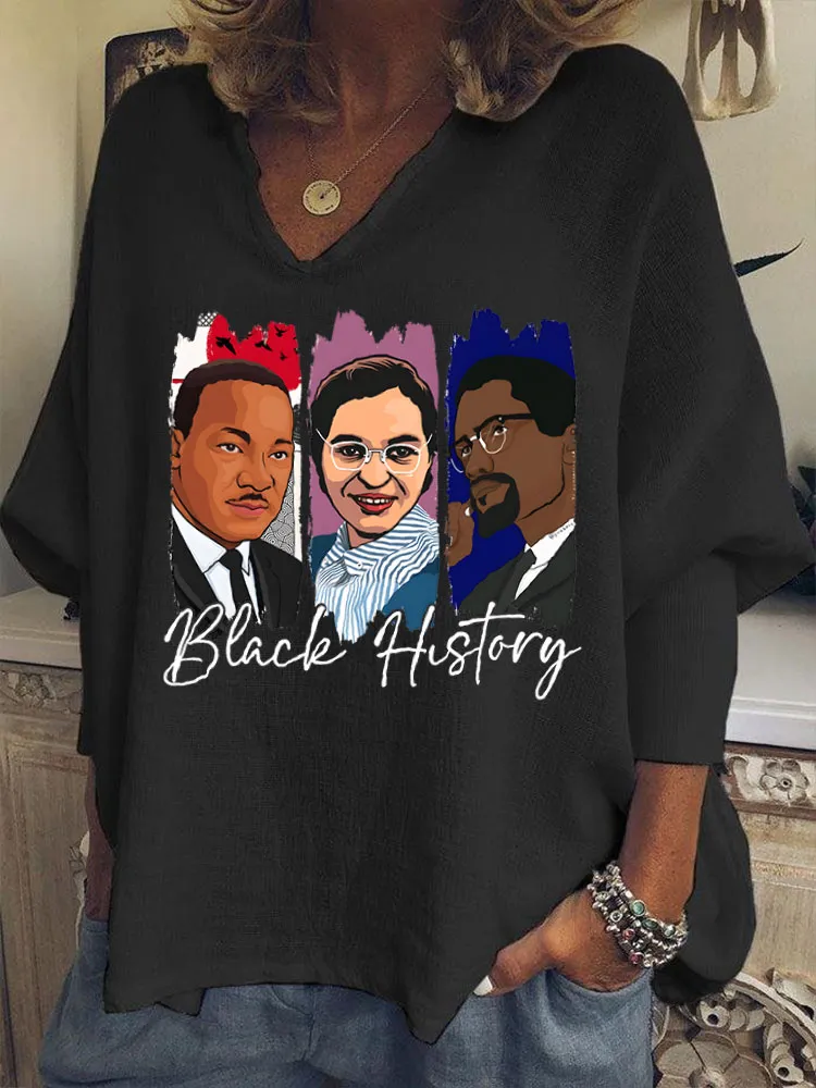 Women'S Black History Patterned Printed V-Neck T-Shirt