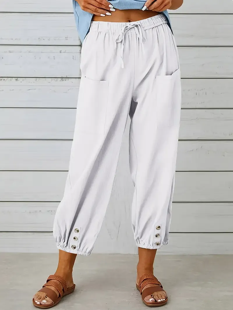 Wide Leg Capri Pants with Drawstring Waist, Loose Casual Women's Pants