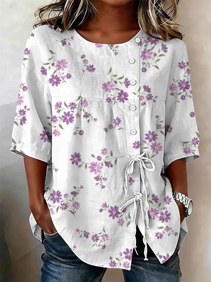 Women'S Art Flower Flax Printed Tie Rope Design Round Neck Shirt