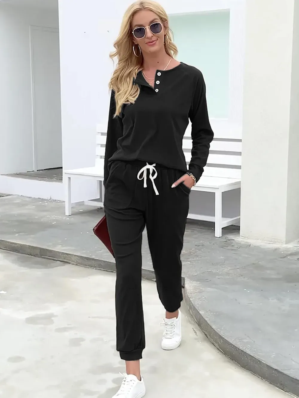 Two Piece Outfits for Women Lounge Sets Button Down Sweatshirt Sweatpants Sweatsuits Set with Pockets