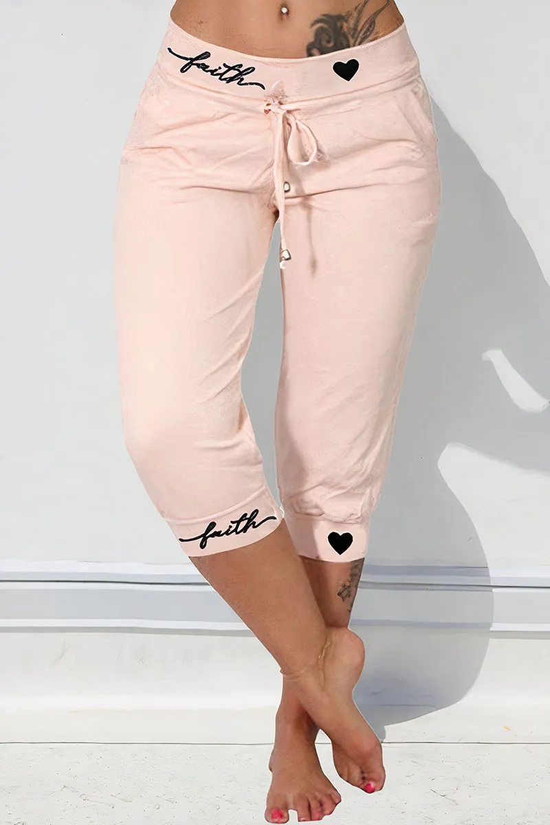 Letter & Heart Print Drawstring Capris Pants