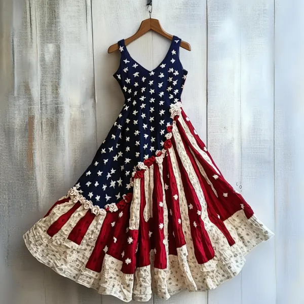 Women's Vintage Independence Day Rose Flowers Art Linen Midi Dress