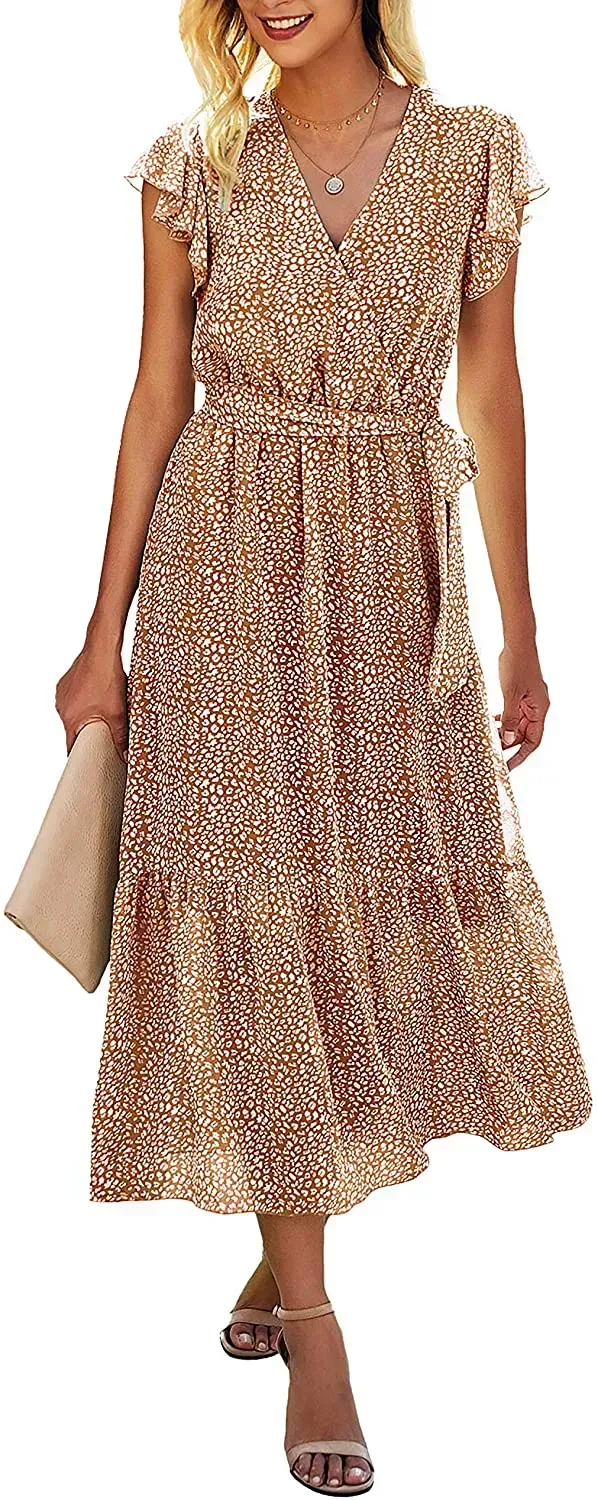 Women Summer Bohemian Floral Casual Wrap V Neck Ruffle Cap Sleeveless Belt A-Line Pleated Hem Swing Midi Sun Dress