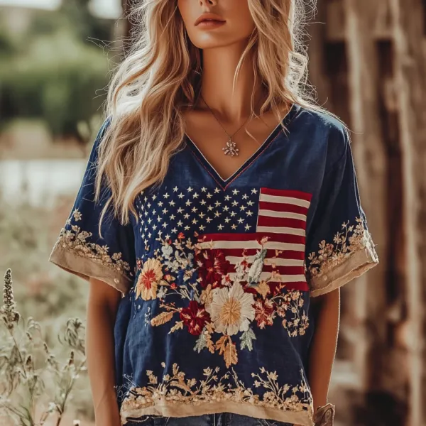Women's Independence Day Flag Flower Embroidered V-neck Linen Blend T-shirt