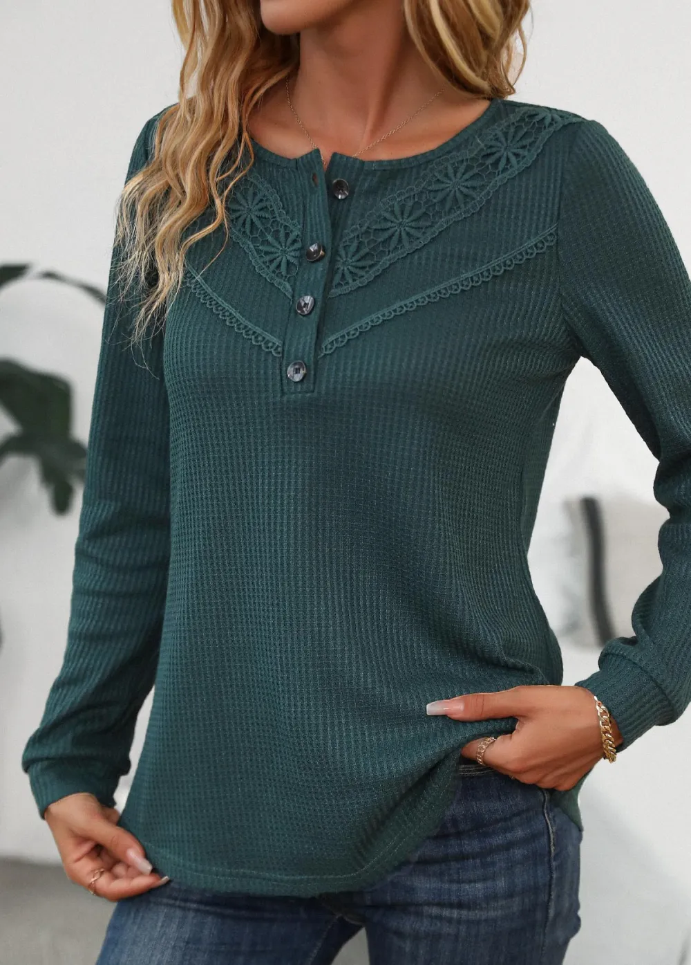 Blackish Green Patchwork Long Sleeve Scoop Neck T Shirt