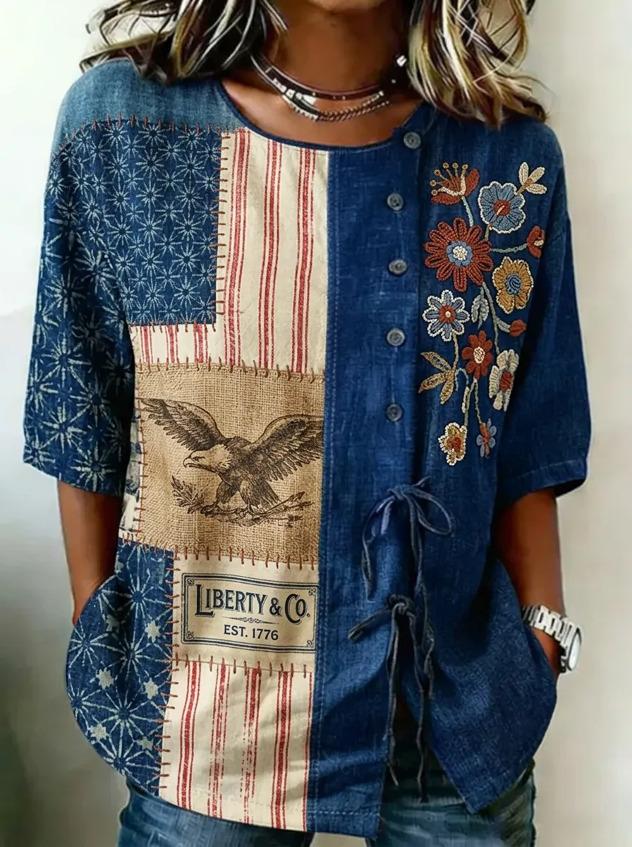 Women's Nashville Patriotic Eagle Floral Patchwork Printed Top