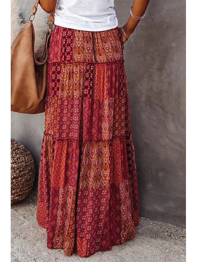 Women's Skirt Swing Long Skirt Maxi Red Blue Purple Orange Skirts Spring & Fall Ruffle Print Fashion coastal grandma style Boho Holiday Casual Daily S M L