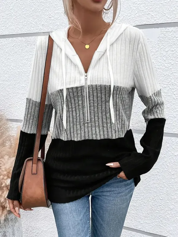 Women's Casual Color Block Zip-Up Hoodie with Drawstring - Ribbed Texture, Long Sleeves, Machine Washable, Polyester & Spandex Blend, Ideal for Spring/Fall, Oversized Hoodie