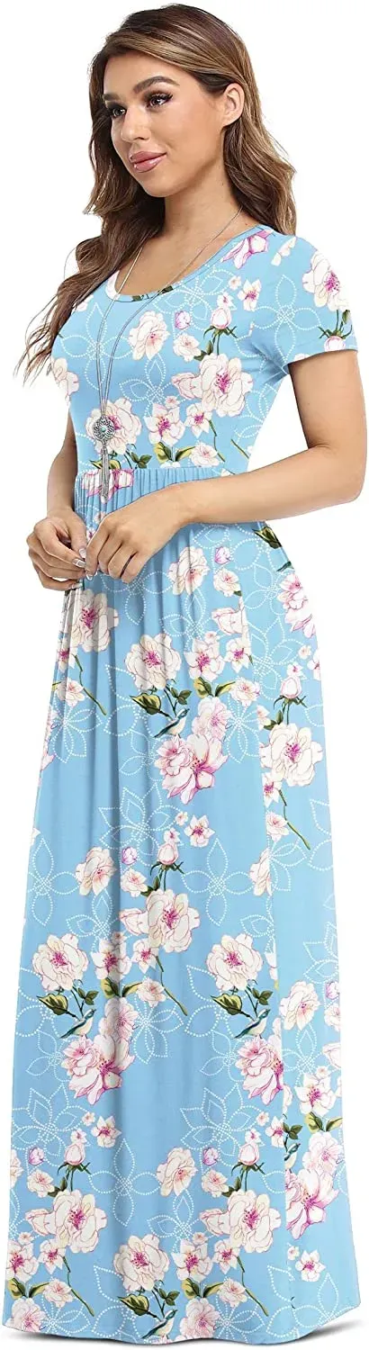 Women's Short Sleeve Loose Plain Maxi Dresses Casual Long Dresses with Pockets