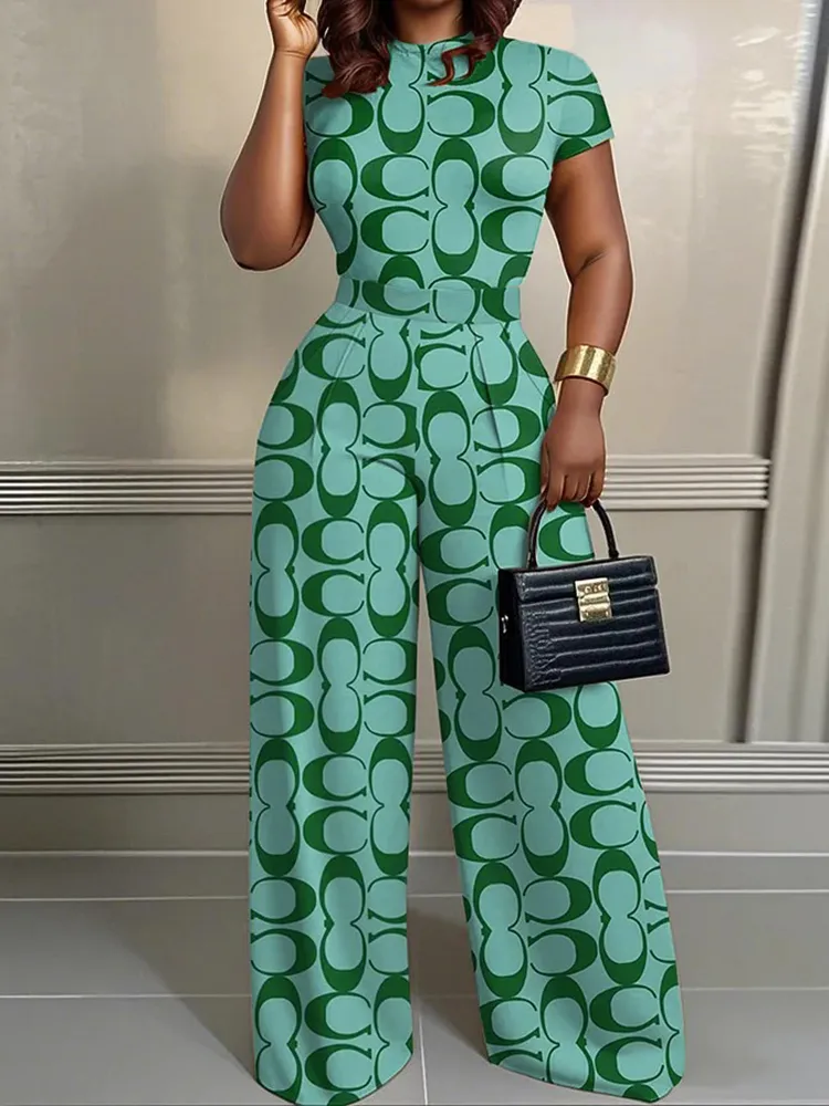 Simple Letter Print 2Pcs Set Wide Leg Jumpsuit