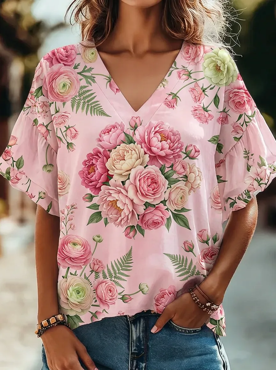 Women's Nashville Floral Peony Printed V-neck Top