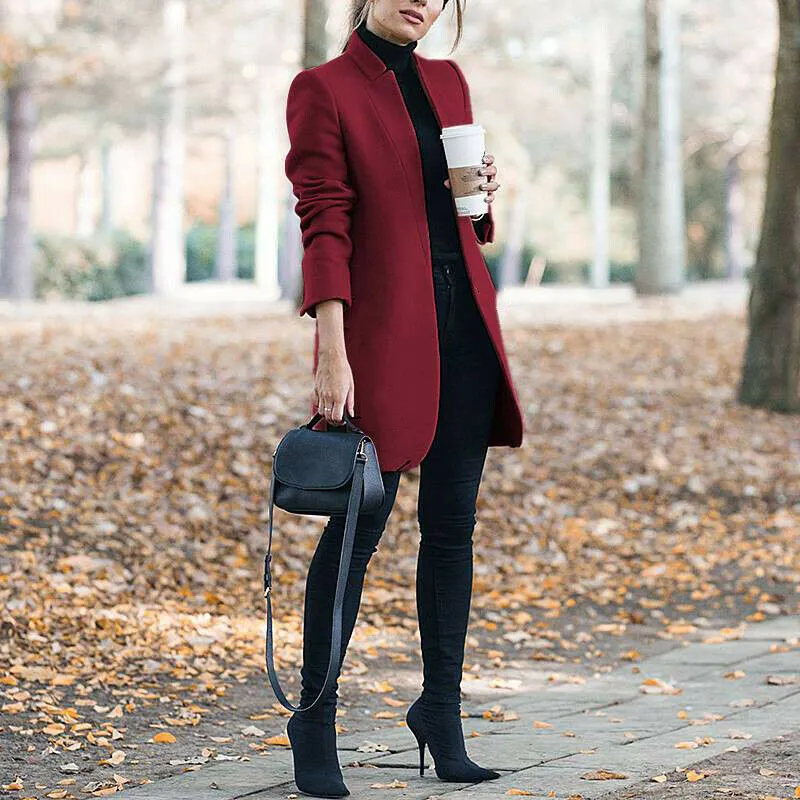 Casual Solid Color Stand Collar Long Coat
