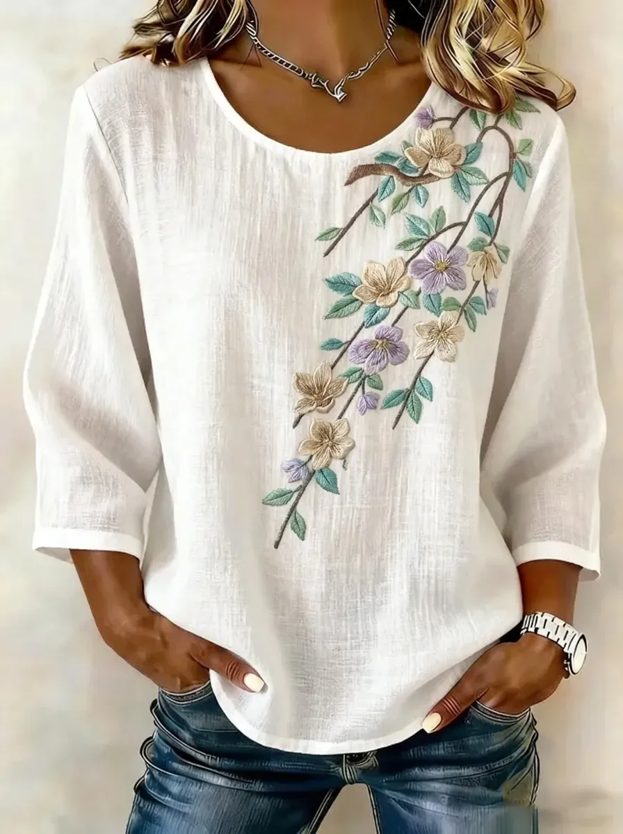 Women's Nashville Floral Branch Embroidered Printed Top