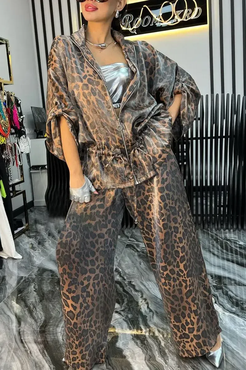 Women's Lapel Mid Sleeve Leopard Print Casual Suit