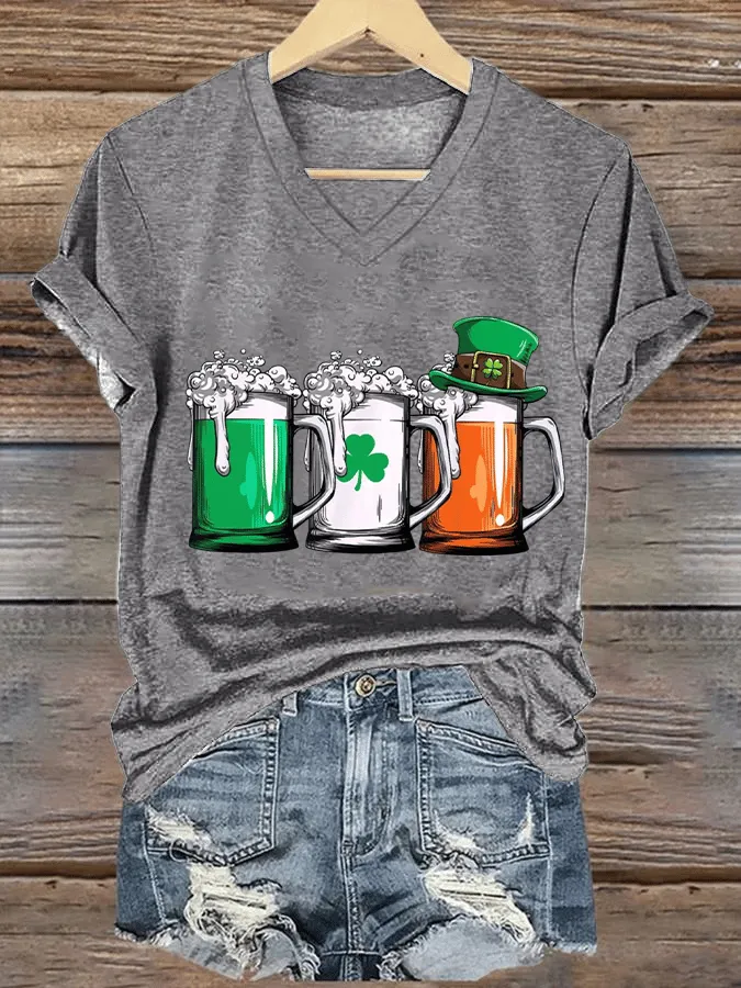 Women's St. Patrick's Day Beer Mug Print V-Neck Short Sleeve T-Shirt