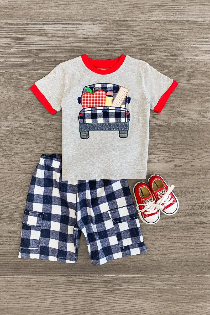 Gray Gingham School Truck Short Set