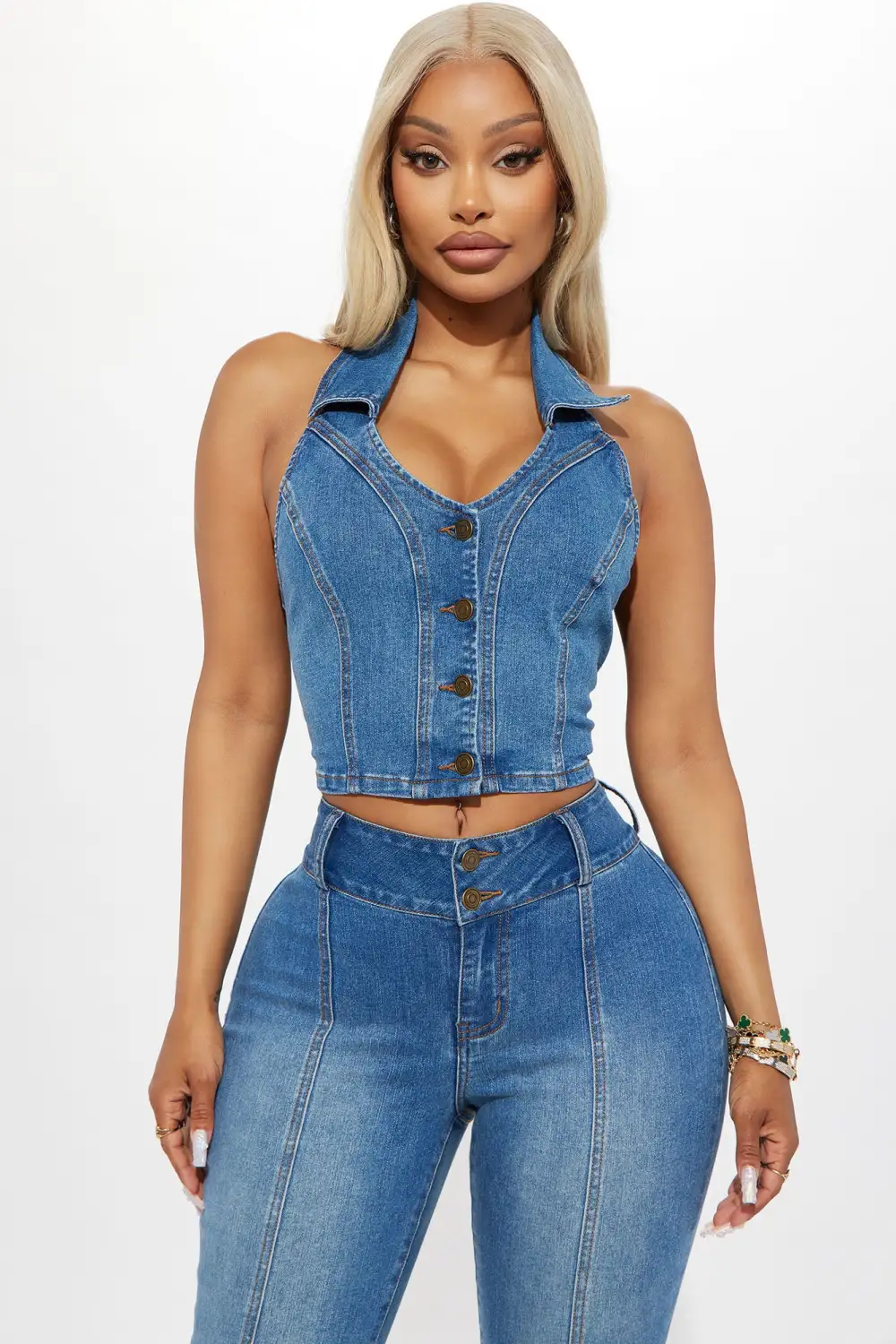 In Your Head Stretch Denim Halter Top - Medium Wash