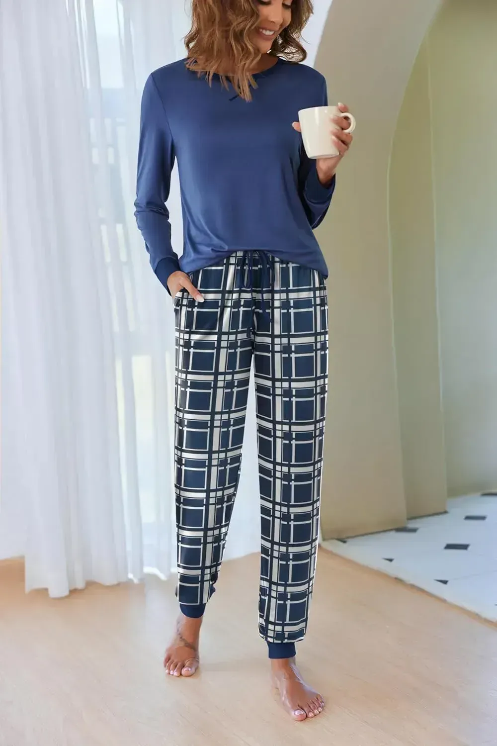 Women's Pajamas Sets Long Sleeve with Plaid Pants Soft Sleepwear O Neck 2 Piece Pjs Joggers Loung Set with Pockets
