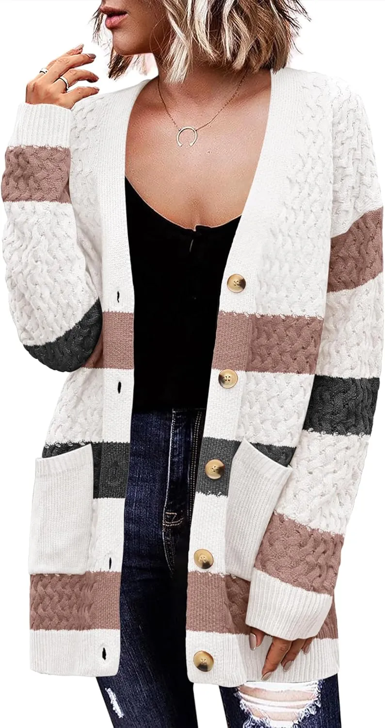Womens 2024 Long Sleeve Chunky Cable Knit Fall Cardigans Sweaters Button Down Open Front Outerwear with Pockets