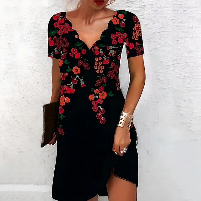 Women's Casual Dress Shift Dress Floral Dress Mini Dress Black And White Black White Short Sleeve Floral Print Summer Spring Scalloped Neck Fashion Vacation 2023 S M L XL XXL 3XL